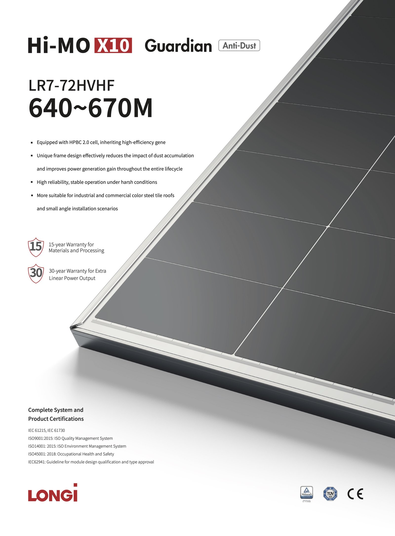 Panneau Solaire LONGi Hi-MO X10 Guardian Anti-Poussière 645W LR7-72HVHF - Module Photovoltaïque HPBC 2.0 Haute Efficacité