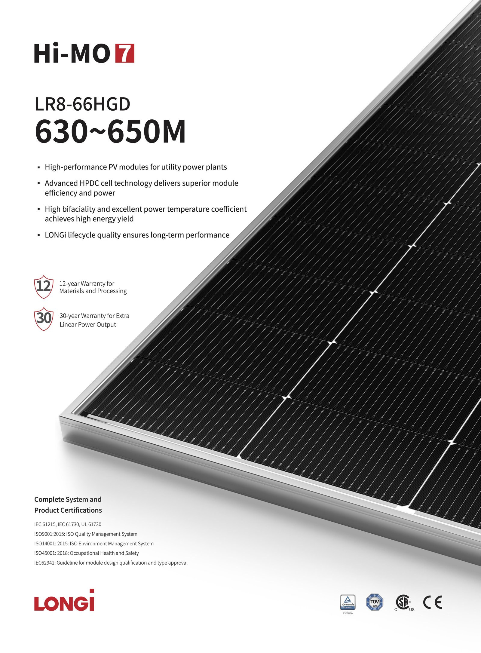 Panneau Solaire Bifacial LONGi Hi-MO 7 630Wc LR8-66HGD - Module Photovoltaïque Double Verre Haute Efficacité