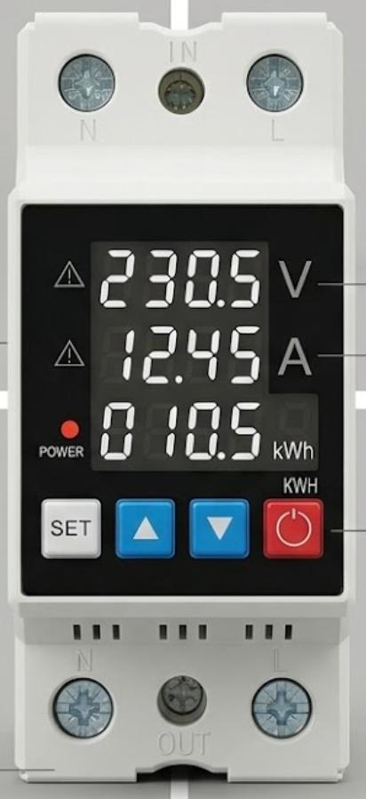 Limiteur de Tension et Sélecteur Digital Ajustable (Voltmètre / Ampèremètre / kWh)